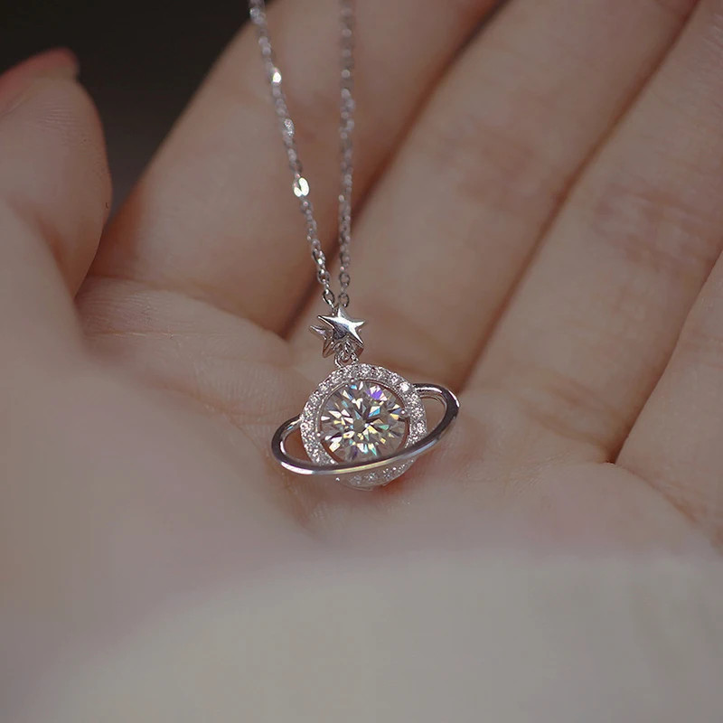 Fashion Silver Color Planet Shape Necklace Simple Charm Geometric Pendant Birthd