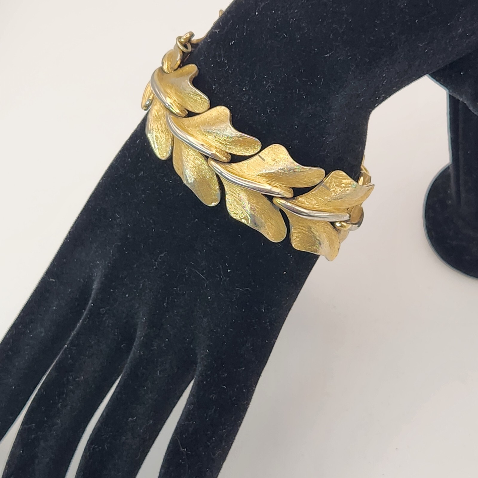 Vintage Monet Gold Tone Leaf Link Bracelet With Safety Chain Chunky Textured