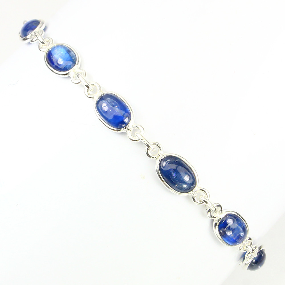 Natural GEM 8x6Mm Top Cornflower Blue Kyanite 14K ON 925 Sterling Silver Bracele