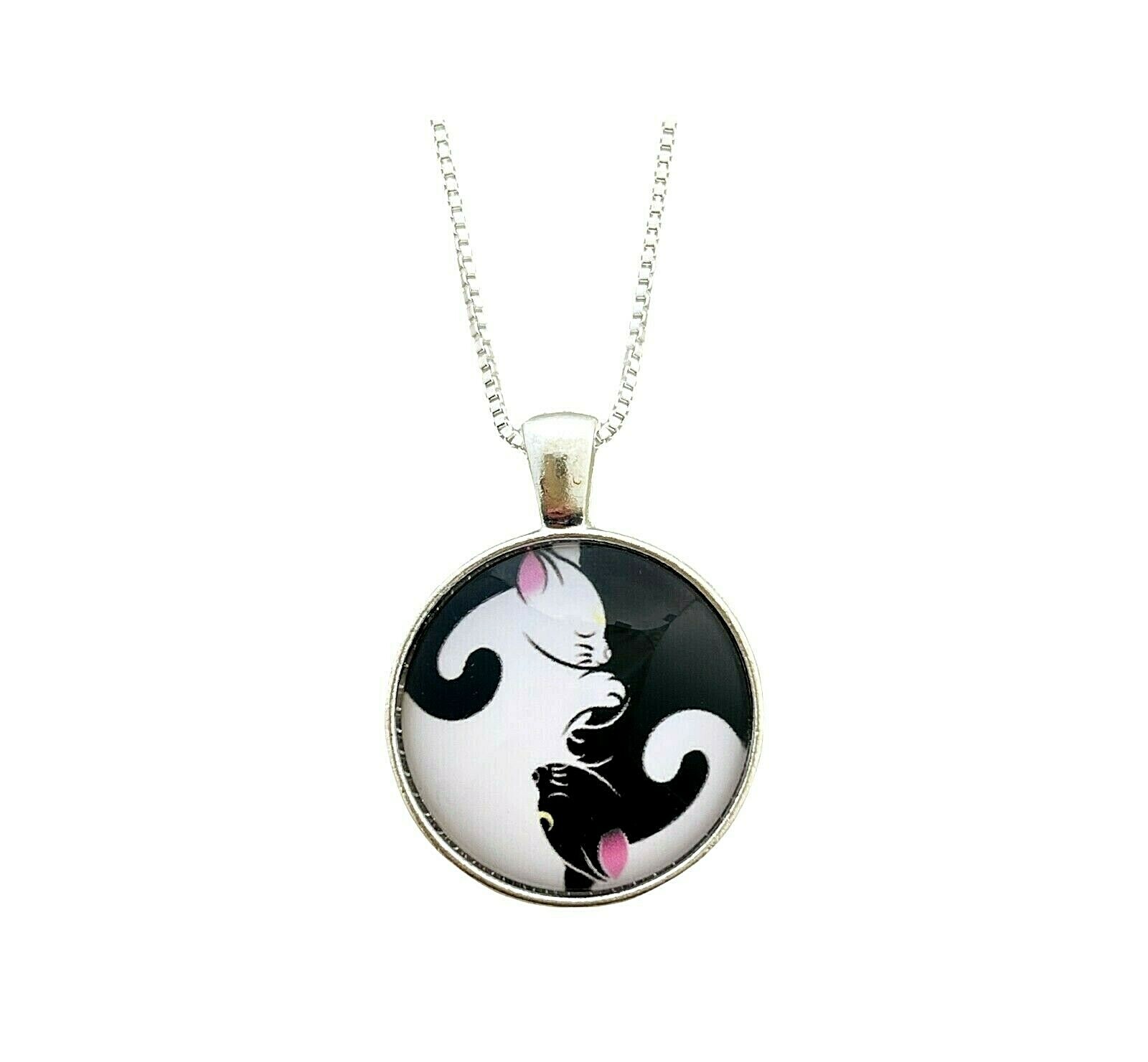 Yin Yang Black White Cats Domed Cabochon Glass Sterling Silver Chain Necklace