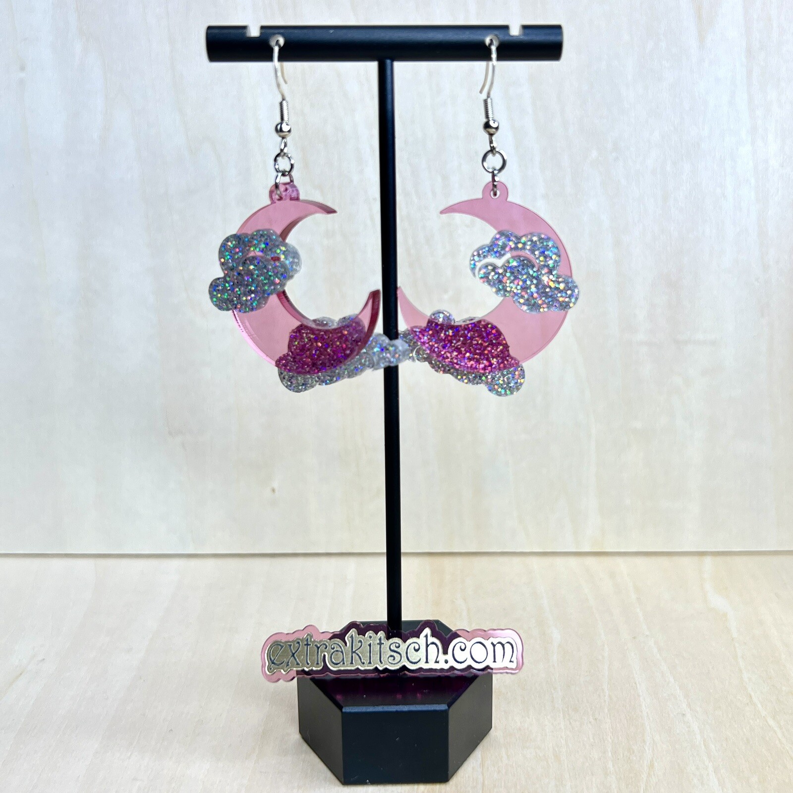 Crescent Moon Earrings – Pink Acrylic Moon With Silver Glitter Clouds