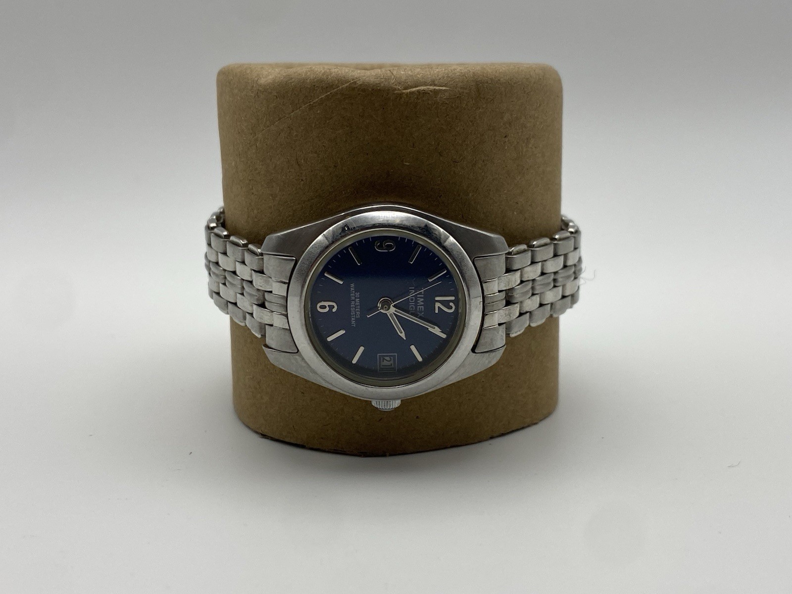 Timex Indiglo Watch Women Navy Blue Dial Stainless Steel Bracelet Needs Battery
