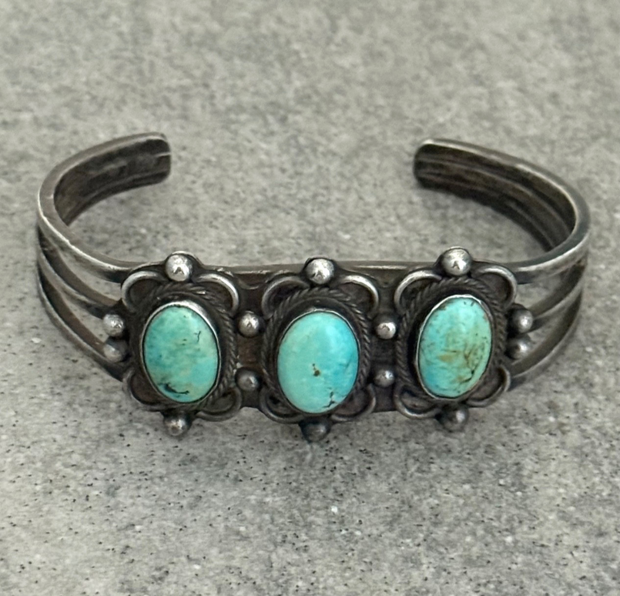 OLD Vintage Native American Navajo THREE Turquoise Silver Bracelet 6.3 in