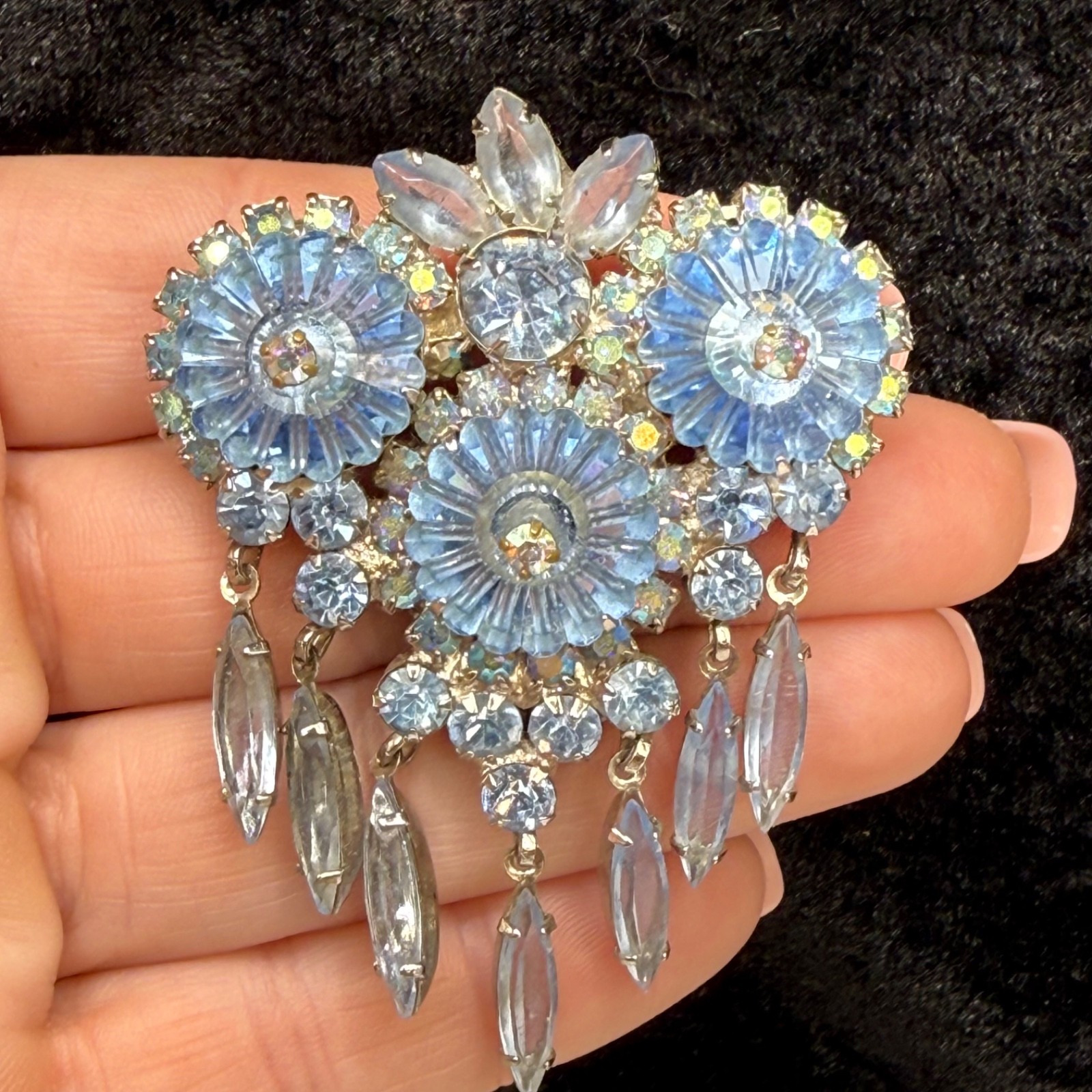 Vintage Juliana Brooch Blue Rivoli Stunning Chandelier Owl Eyes