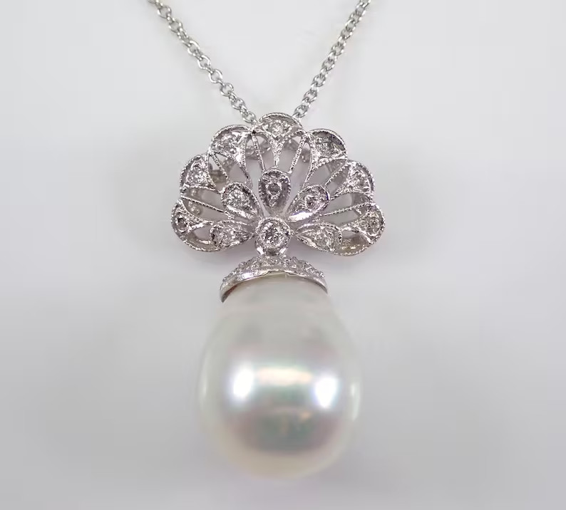 Unique South Sea Baroque Pearl Necklace 18K White Gold Plated Genuine Pearl
