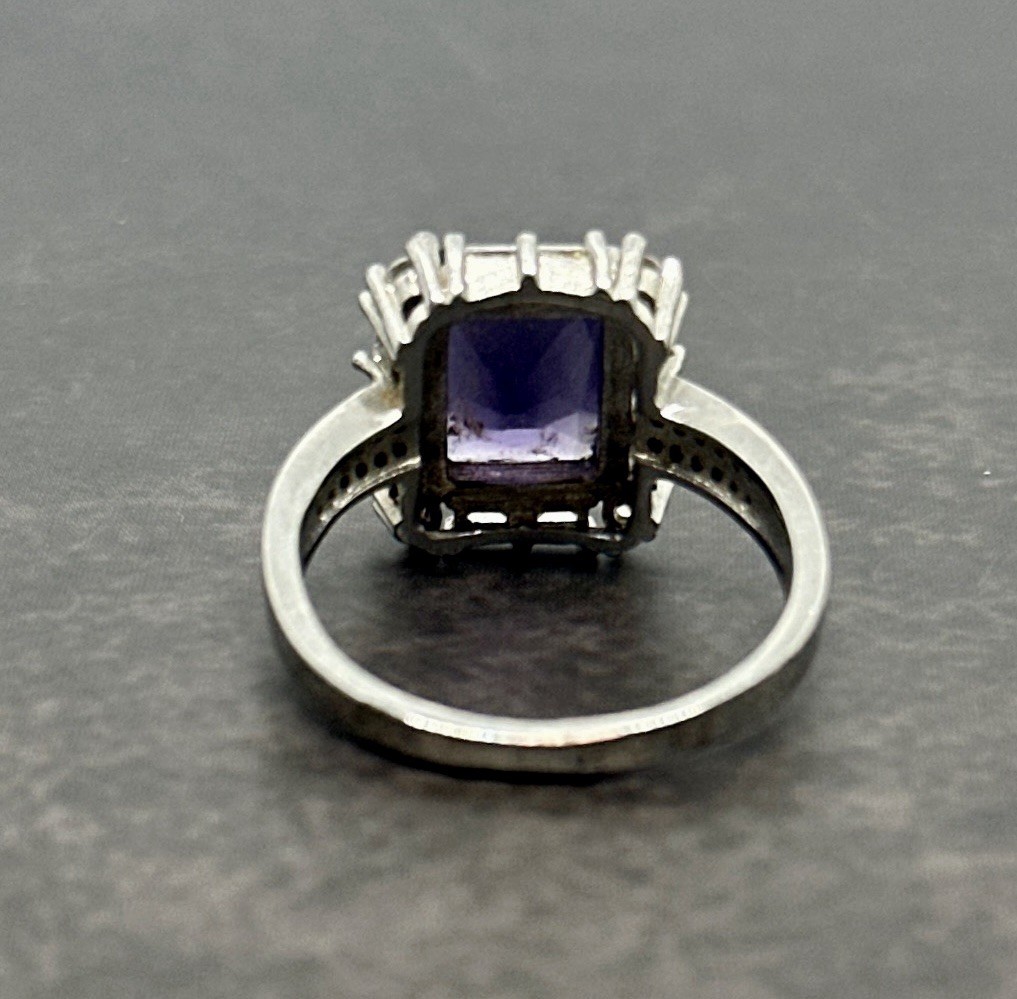 Vintage Purple Emerald Cut Halo Statement Ring Silver Tone Size 9