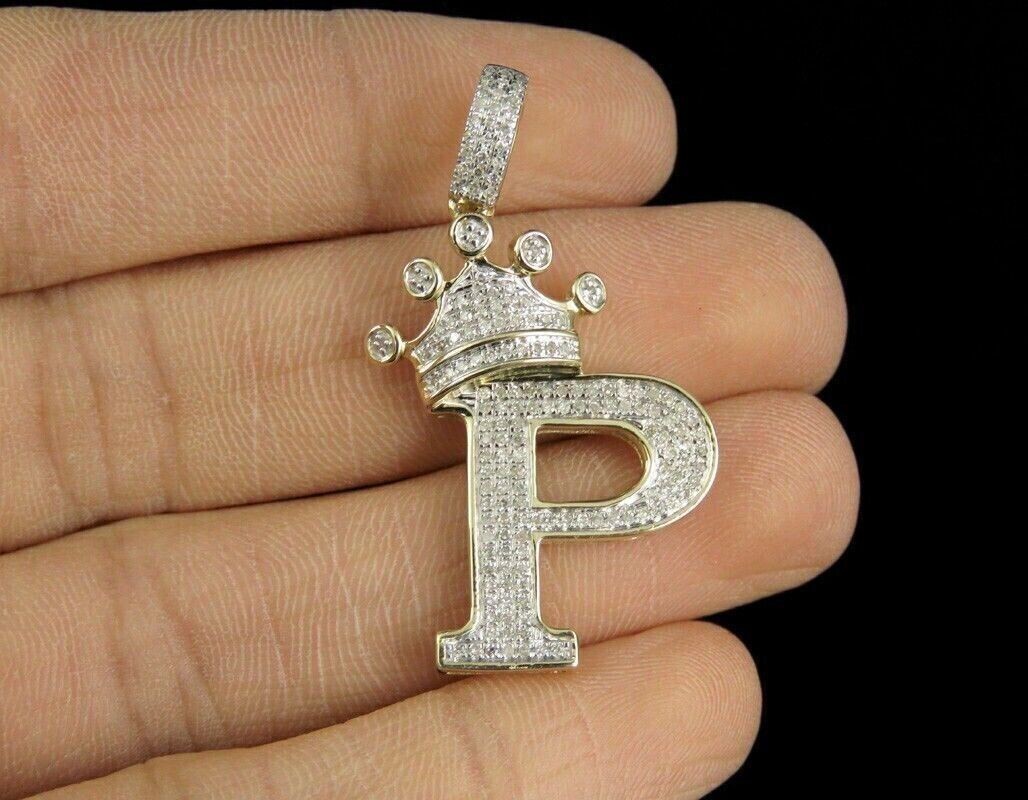 Initial Letter Crown P Pendant 2Ct Simulated Diamond 14K Yellow Gold Plated