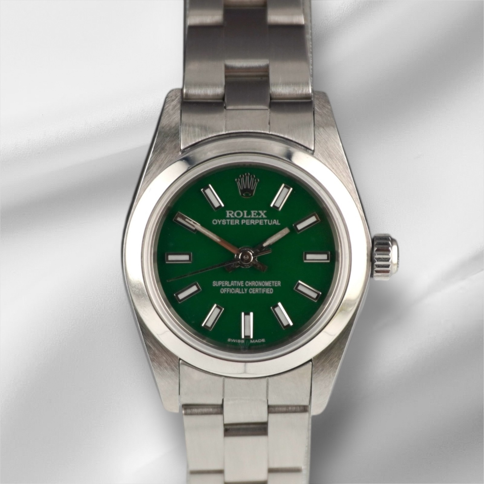 Rolex Oyster Perpetual 25mm Steel Dark Green Dial Smooth Oyster Ladies Watch