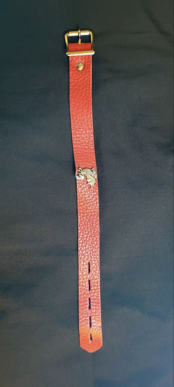 Genuine Leather Choker Red Collar Necklace with Dragon accent Buckle Closure