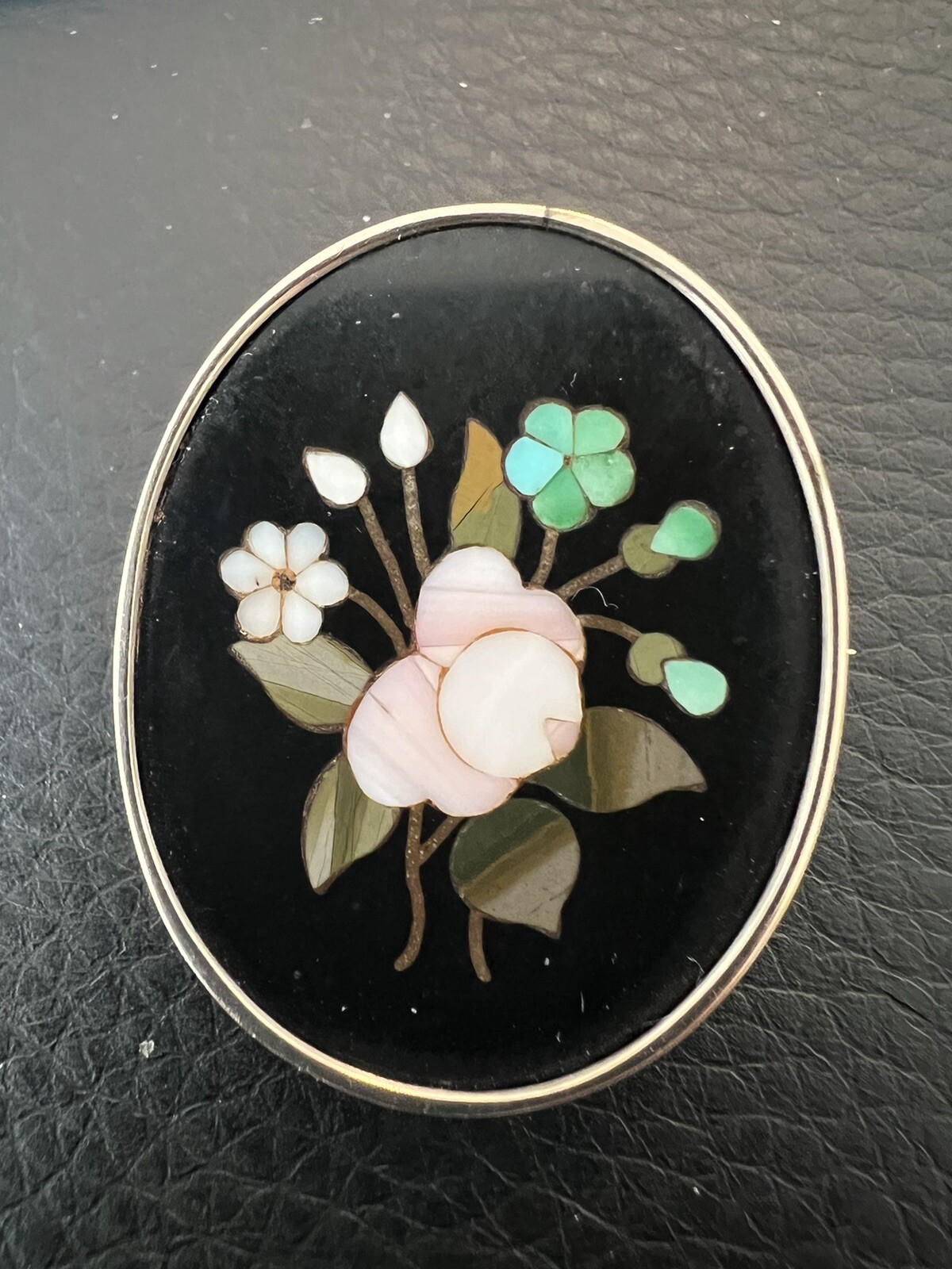 Vintage Antique Italian Pietra Dura Inlay 14k Yellow Gold Brooch Pin Flowers