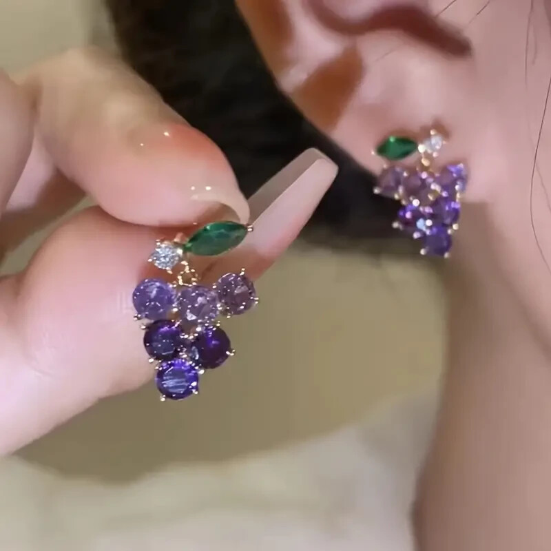 Fashion Grape Cluster Earrings – Imitation Zircon Embellished, Zinc Alloy