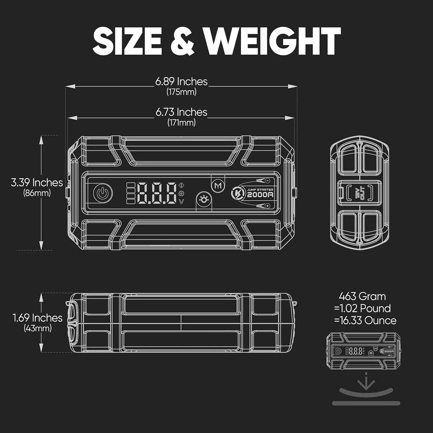 Portable Jump Starter 2000A 12V Lithium Battery Booster Digital Display Jump Box