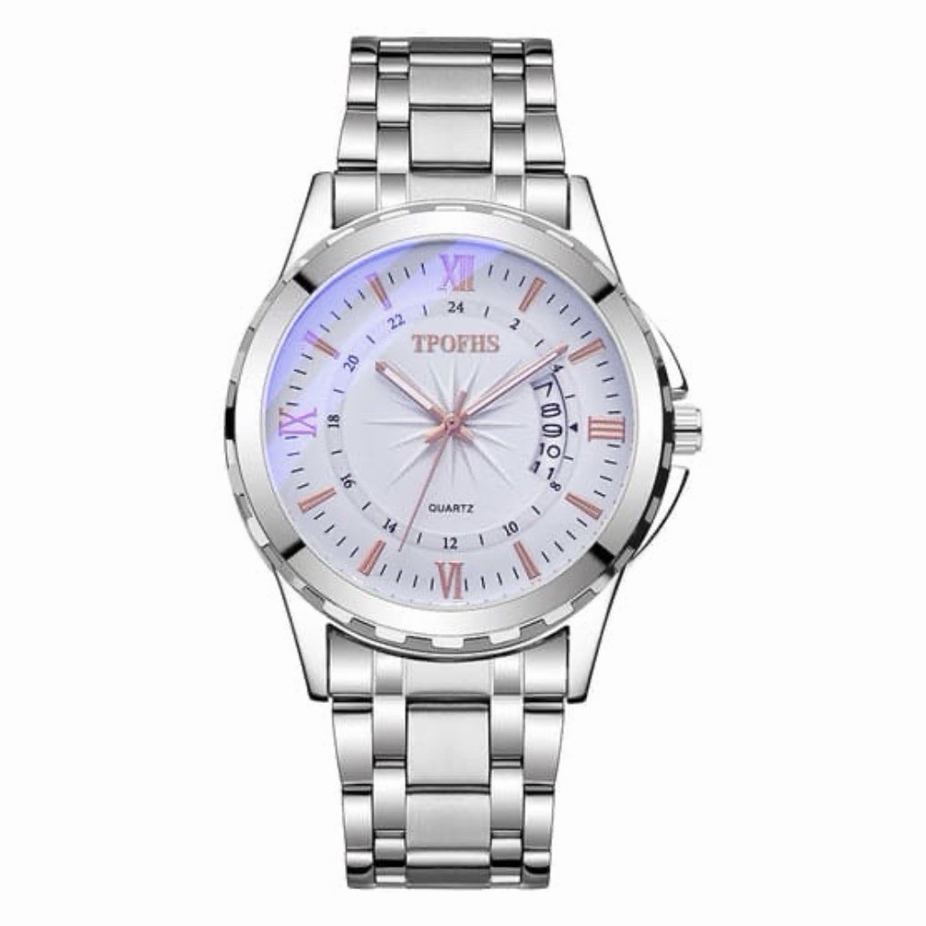 TROFHS Men’s Quartz Analog Watch White Dial Roman/Stick Date Silver Steel
