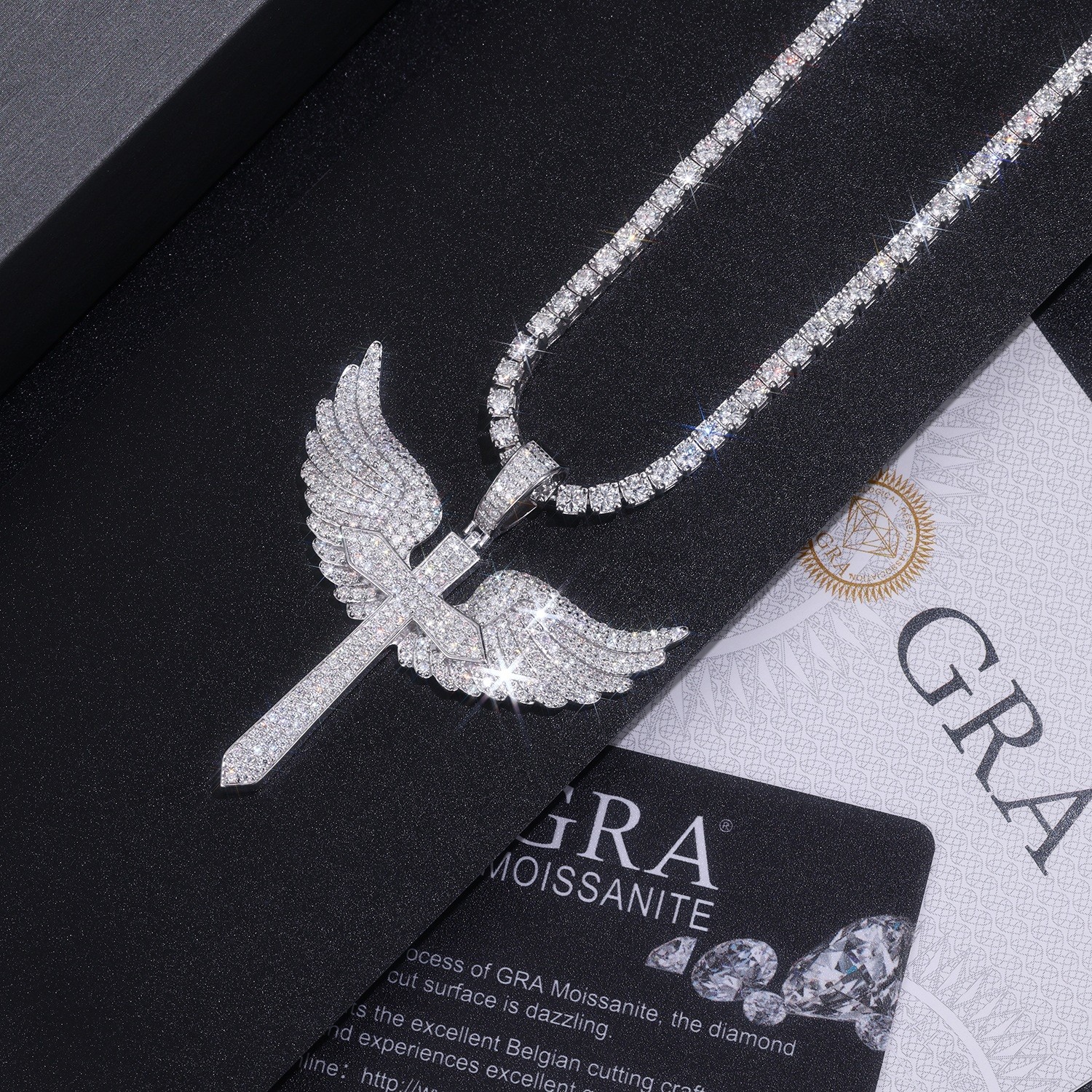 925 Sterling Silver Angel Wings Cross Pendant Moissanite (No Chain)