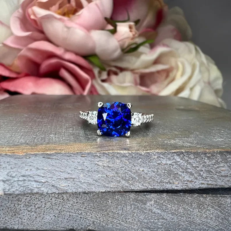 2.50 Ct Cushion Cut Sapphire/Ruby & Diamond Wedding Ring 14K White Gold Size 5