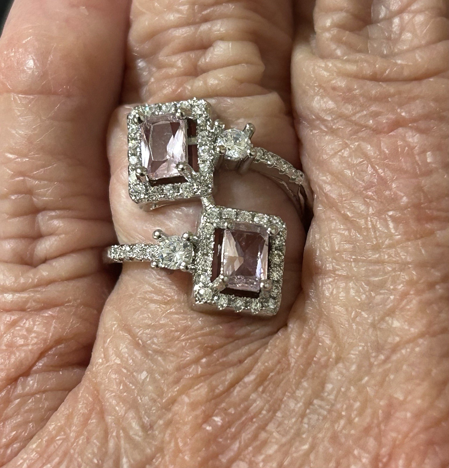 Bypass Style Square Pink W/ Clear Rhinestones Halo Cocktail Ring Size 5.5
