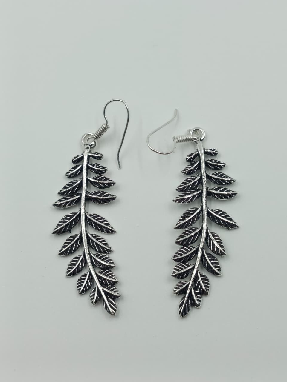 Silver Leaf Branch Dangle Earrings Botanical Nature Boho Drop Hook Jewelry Women