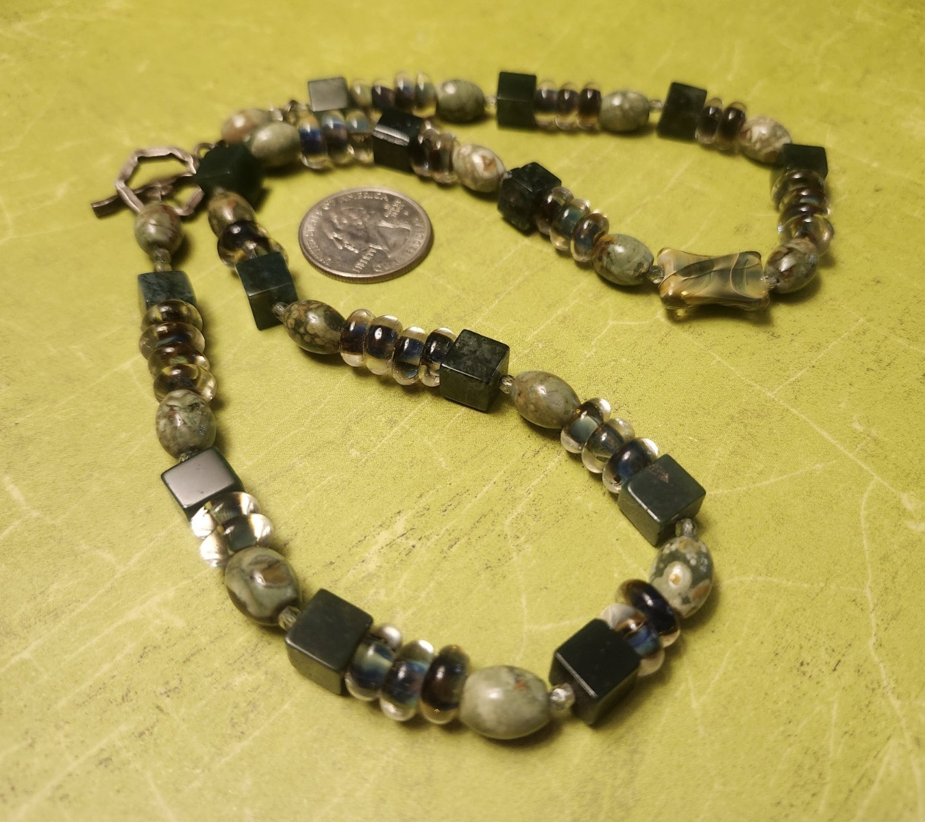 Handcrafted Artisan Jasper Agate Beaded Necklace Cube Earth Tone Boho