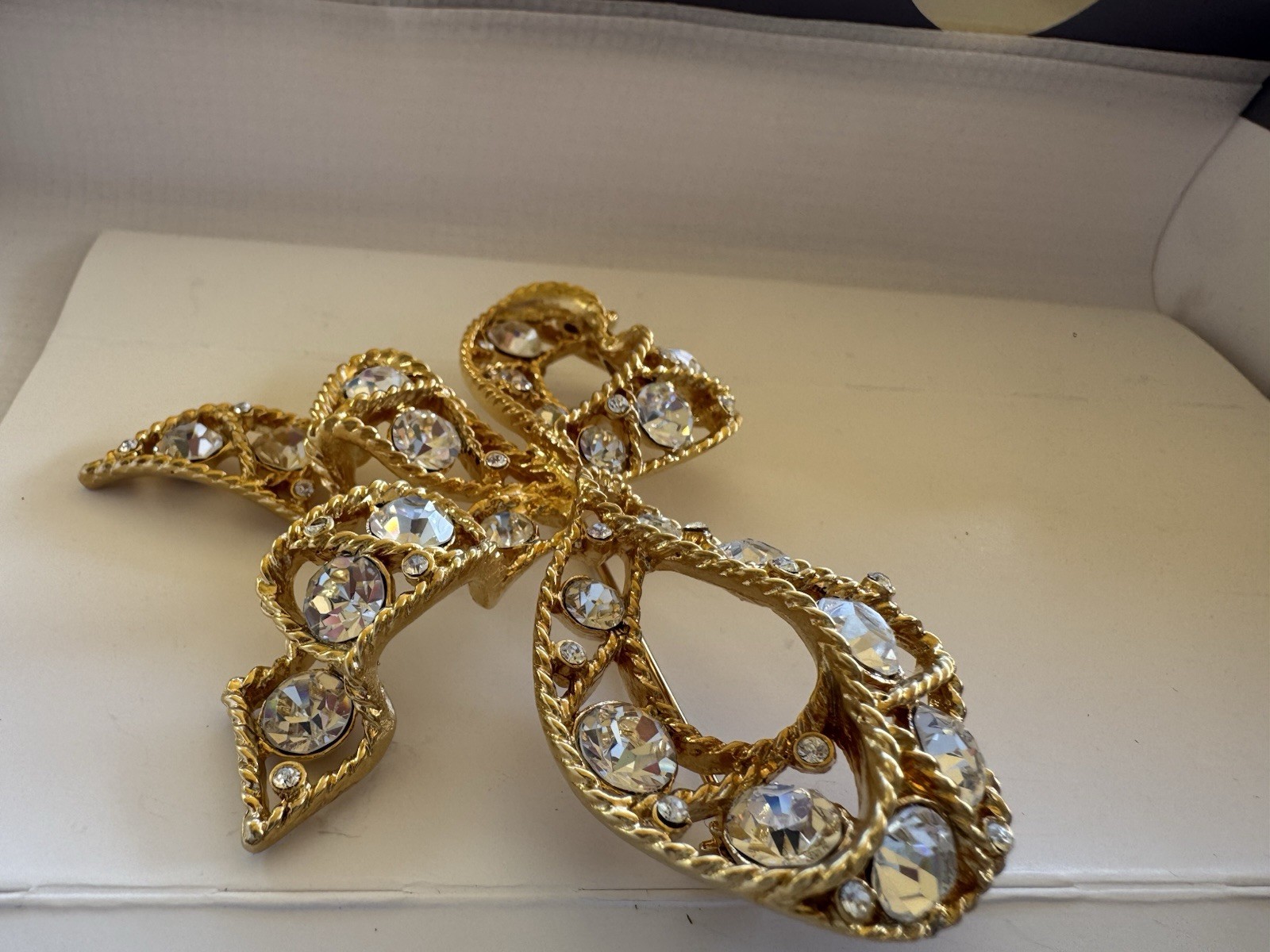 Vintage Gold Tone Ribbon Brooch with Pavé Set Crystal Rhinestones Free Shipping