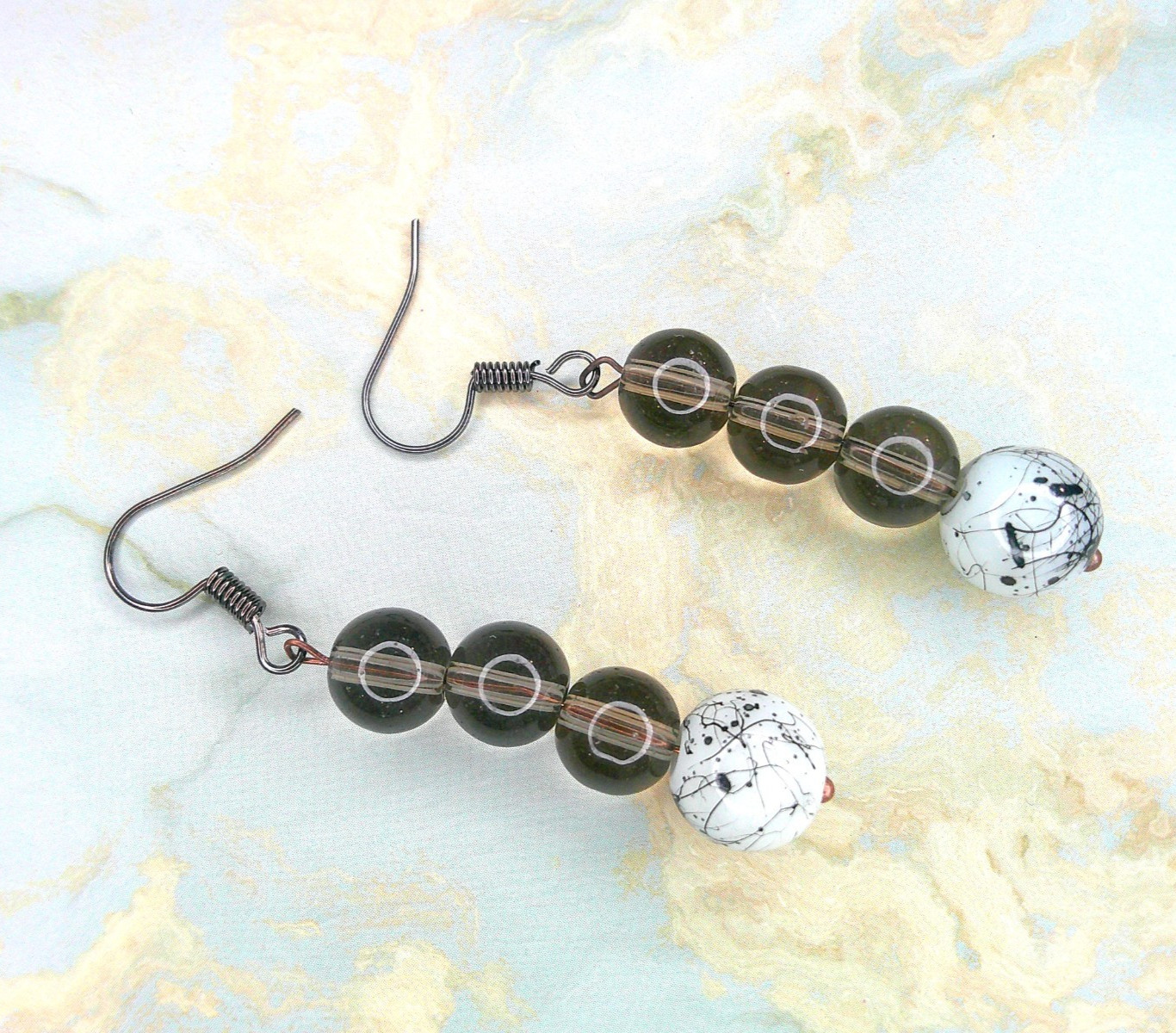 Brown Black White Glass Earrings Dangle Handmade Pierced Earth Tone