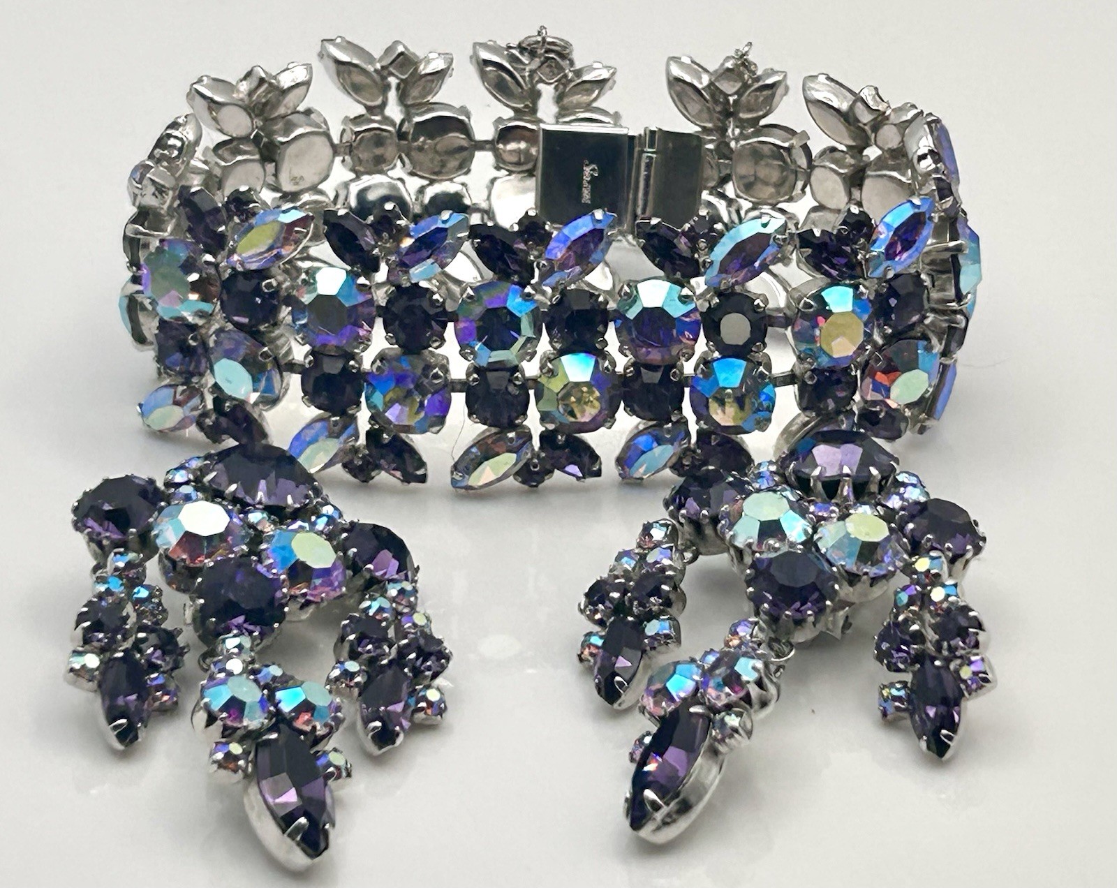 Signed Sherman Rhinestone Bracelet & Earrings Purple & AB Rhinestones