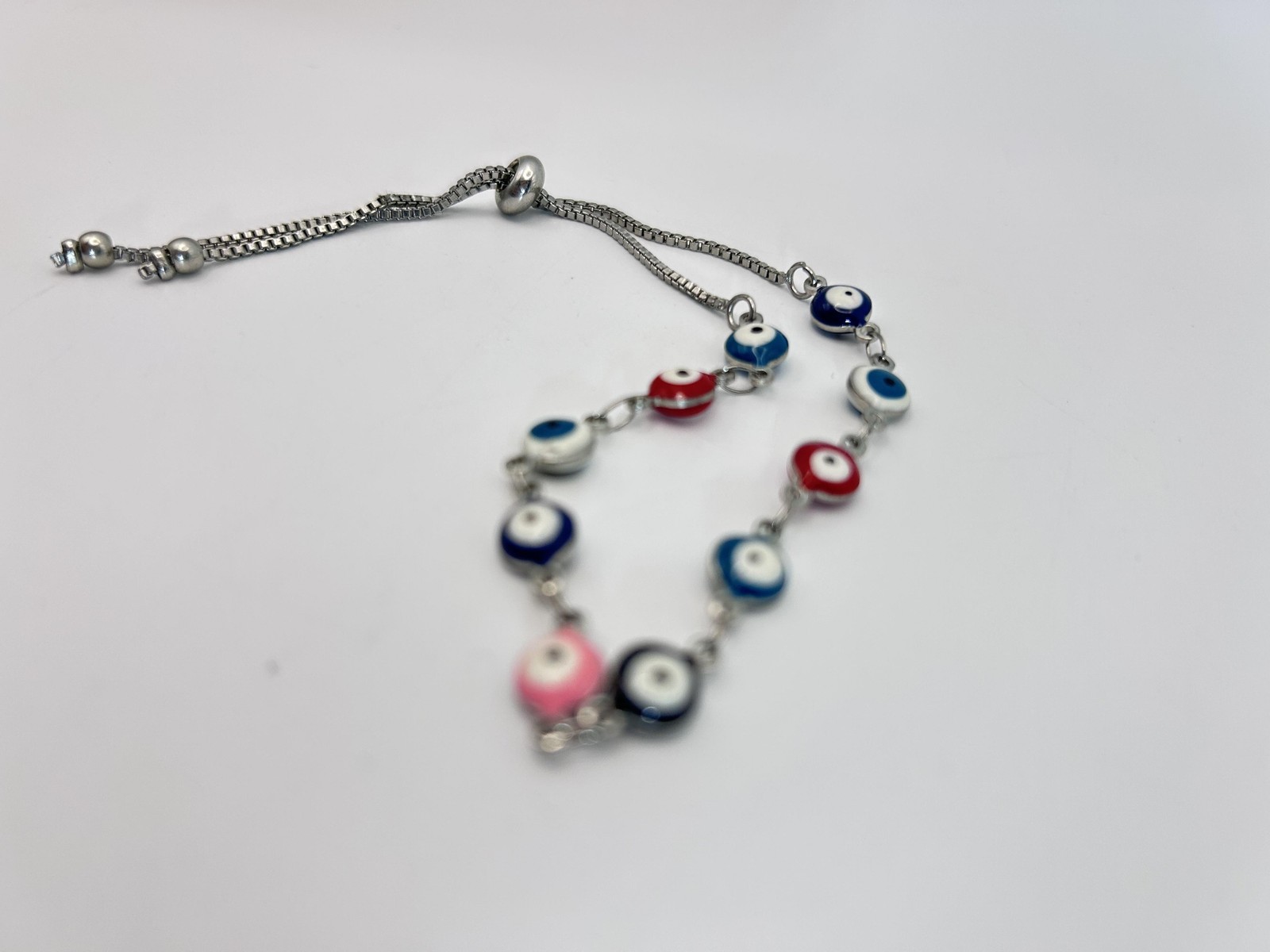 Bracelet Multicolor Glass Evil Eye Beaded Chain Bolo Adjustable 7″ Boho Womens