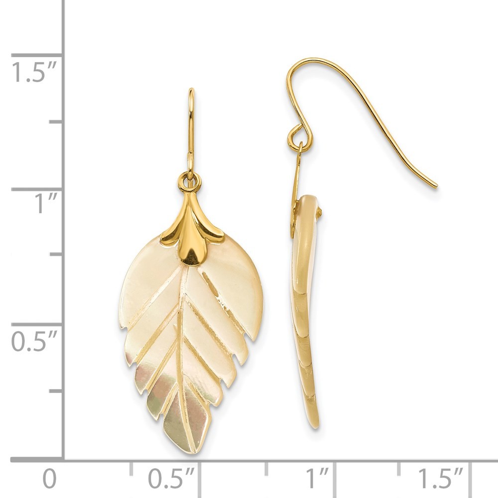 14k Yellow Gold Mother of Pearl Leaf Dangle Earrings For Womens 0.27g