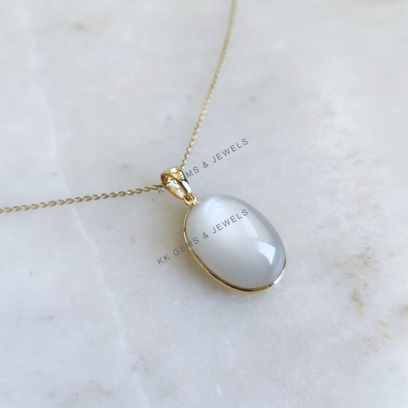 11.35Ct Natural White Moonstone Pendant 14K Gold Oval June Birthstone Jewelry