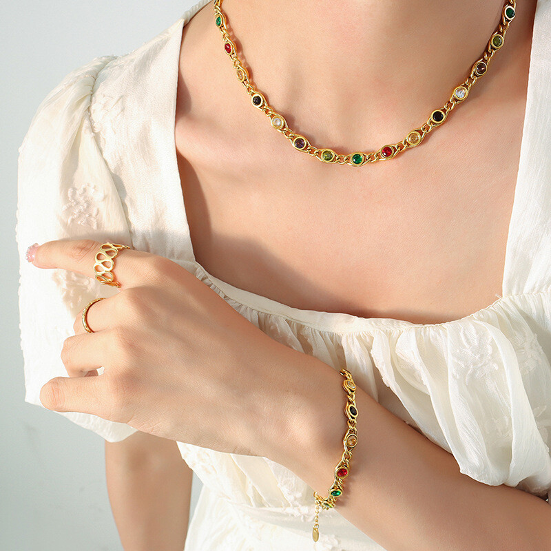 Woman 18K Gold Plated Multicolor CZ Simulated Multicolor Necklace Chain/Bracelet