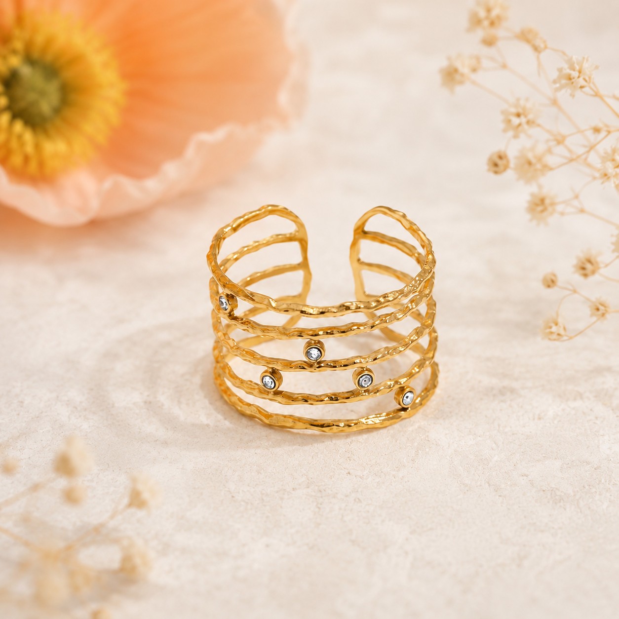 Gold Plated Stainless Steel CZ Open Cuff Ring Hammered Adjustable Jewelry