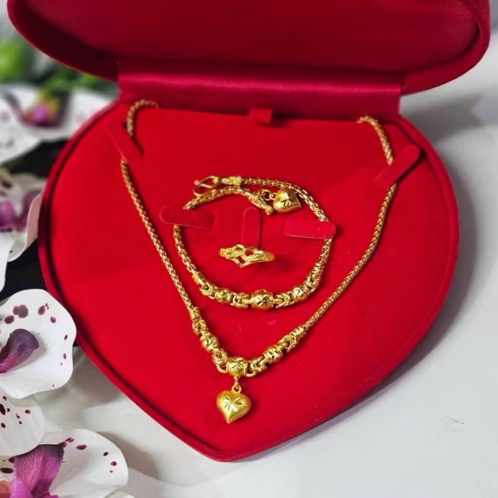 SET Heart 18K 20k 22K 24K YellowGold Necklace 20 inch&bracelet 7 in& ring size7