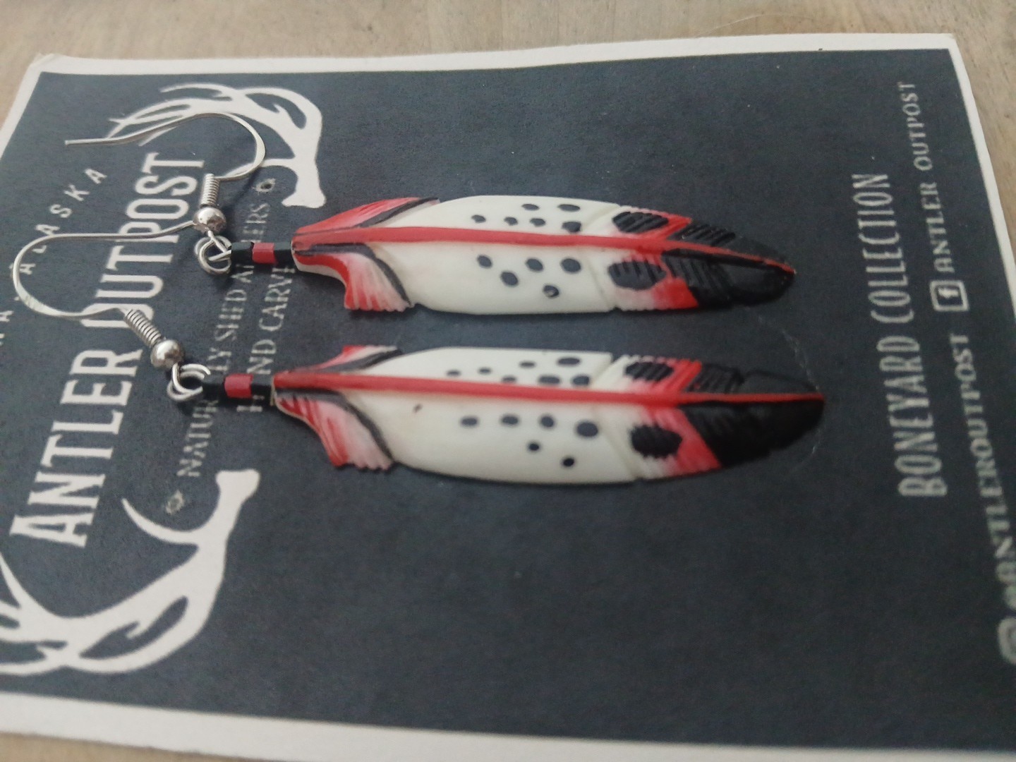HANDMADE CARVED WATER BUFFALO BONE FEATHER EARRINGS ALASKA BONEYARD COLLECTION