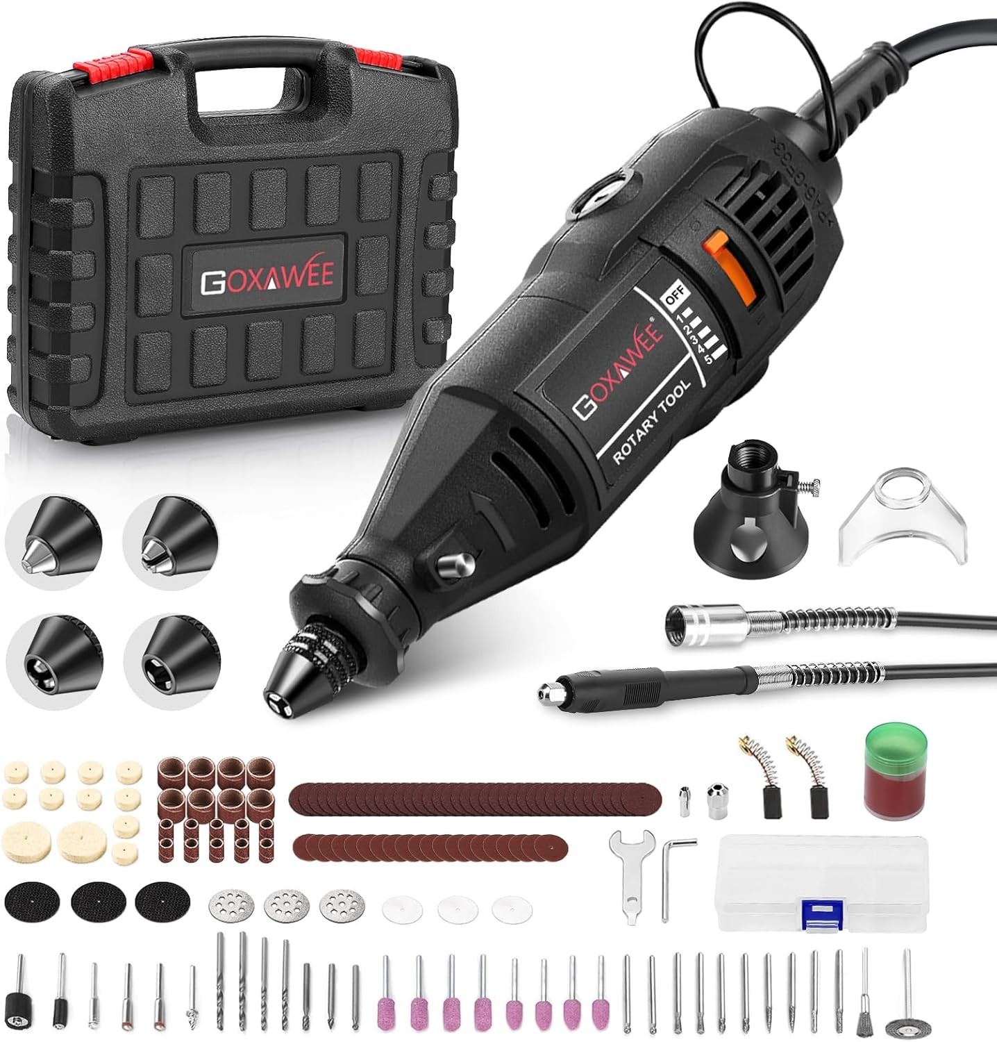 GOXAWEE Rotary Tool Kit with MultiPro Keyless Chuck and Flex Shaft Black