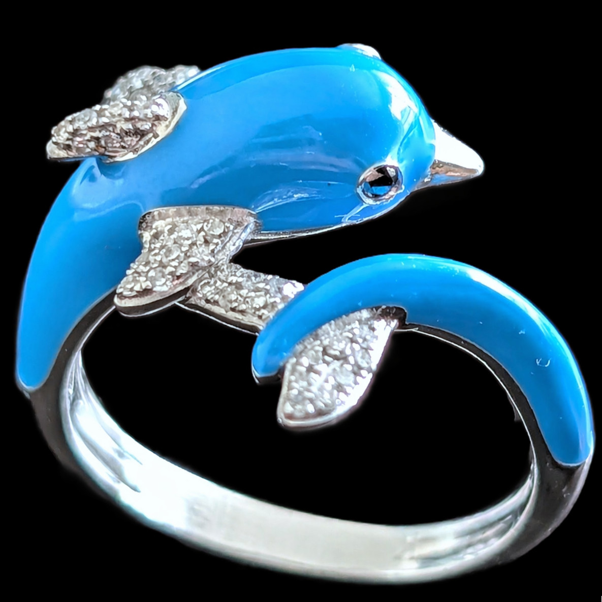 EFFY Dolphin Wrap Ring Diamonds Blue Enamel 14k White Gold New Old Stock