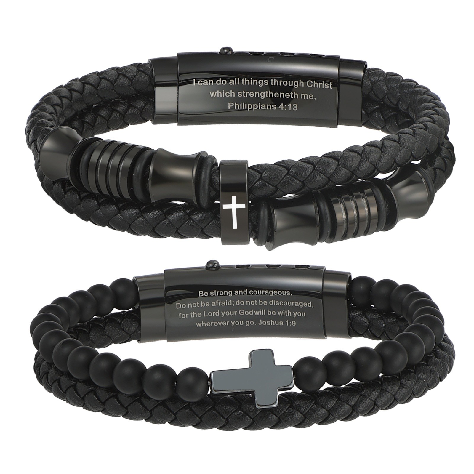 Men’s Inspirational Bible Verse Cross PU Leather Bracelet Braided Christian Cuff