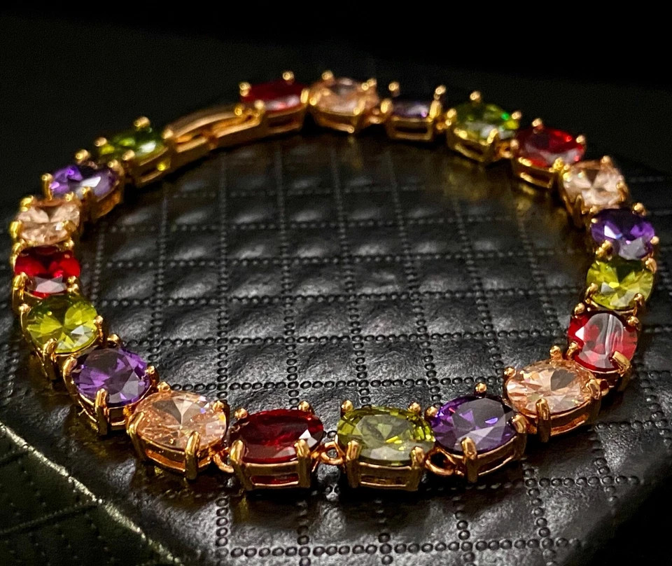 18K Gold Plated 30 CTW Gemstone Tennis Multicolor Bracelet Birthday Jewelry