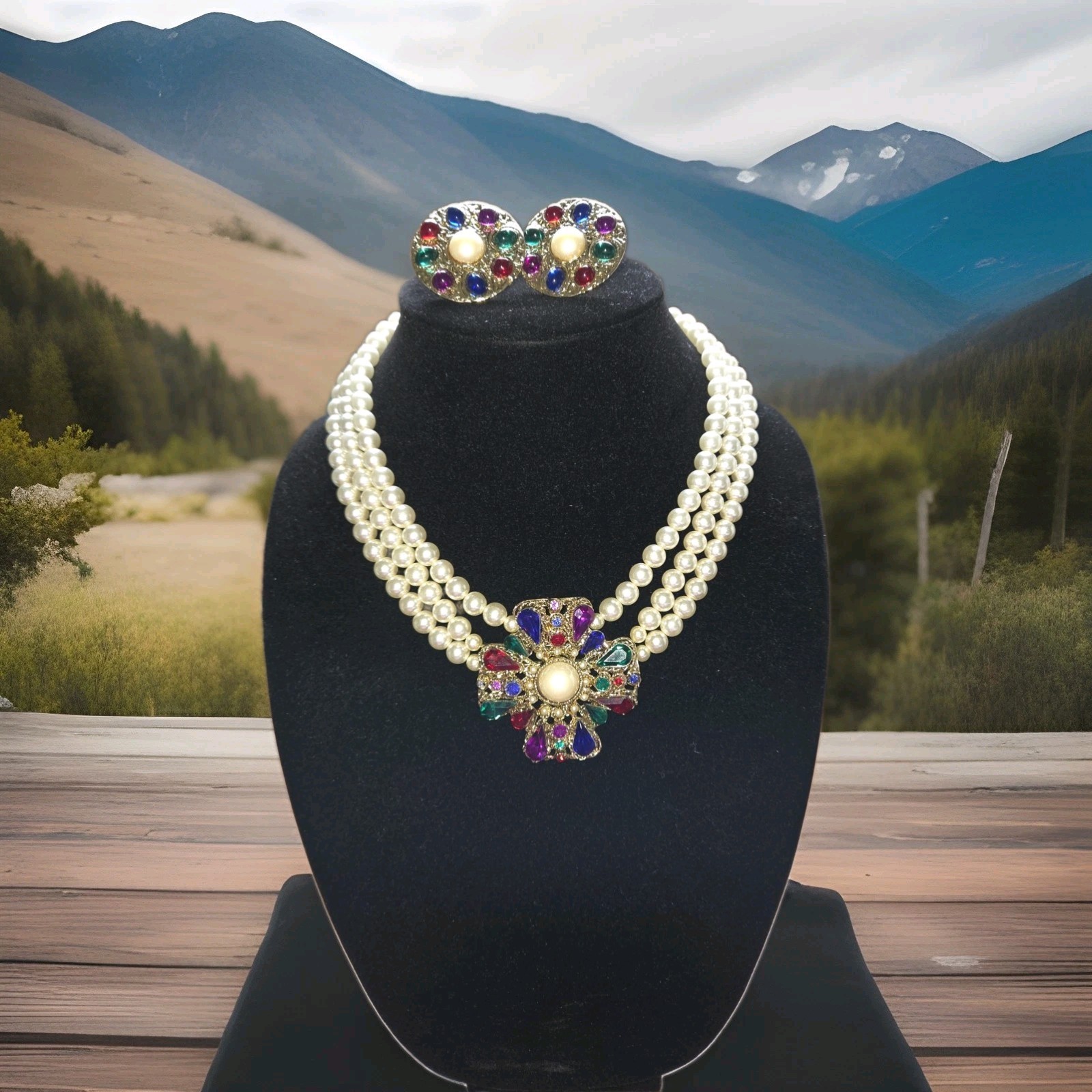 Retro 80s Maximalist Multi Gem Rhinestone Triple Strand Pearl Necklace Set