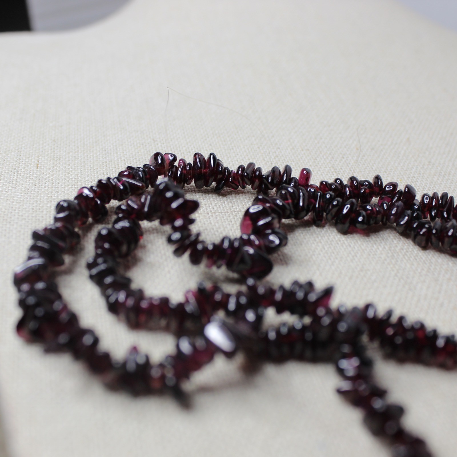 Garnet Chip Necklace Long Strand Beaded Gemstone 35in Deep Red Burgundy Boho