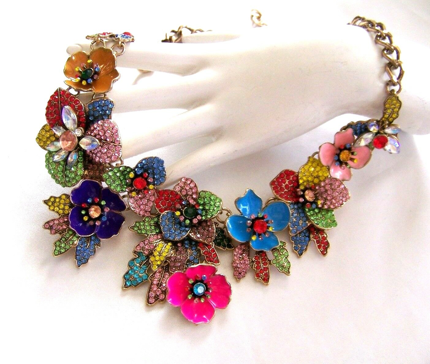 MULTI COLOR FLORAL BOUQUET VTG Style Pave Rhinestone Enamel Bib Necklace