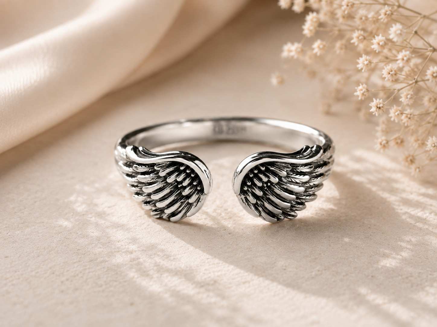 925 Sterling Silver Angel Wing Adjustable Open Ring Vintage Feather Band