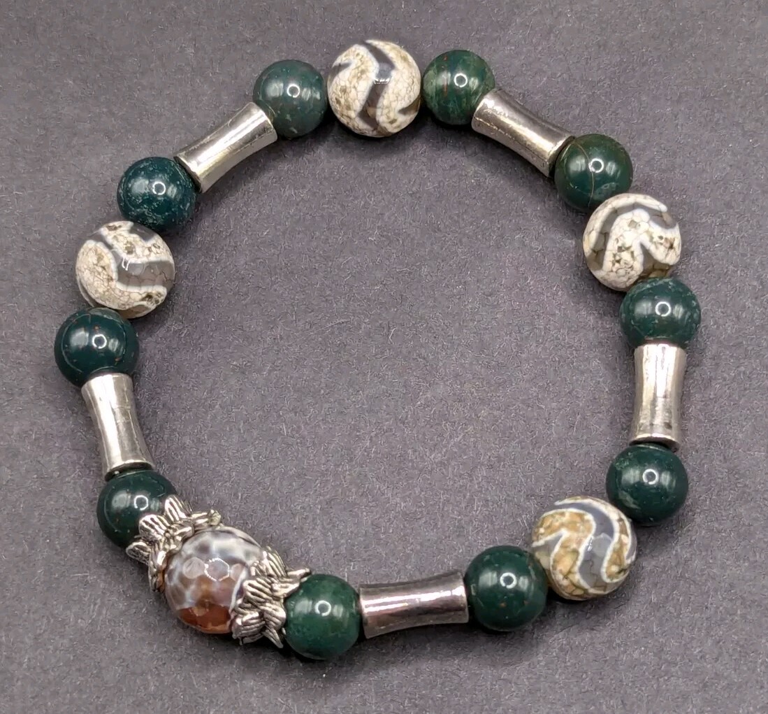 Green Natural Stone Tiberian Agate Beaded Stretch Bracelet (15cm) XS Wrist