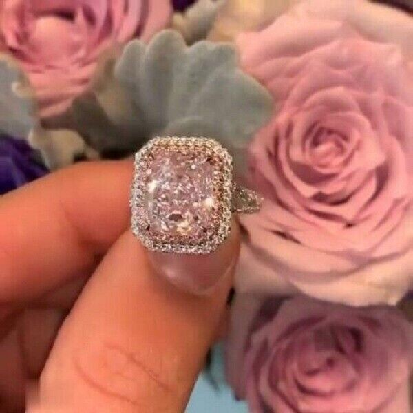 4Ct Lab-Created Pink Sapphire Attractive Halo Engagement Ring 14K White Gold Fn