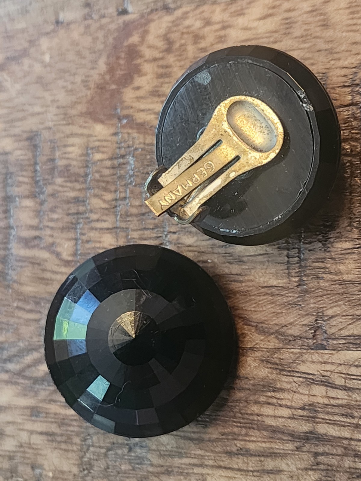 Vintage Germany Jet Black Faceted Button Style Round Clip On Earrings