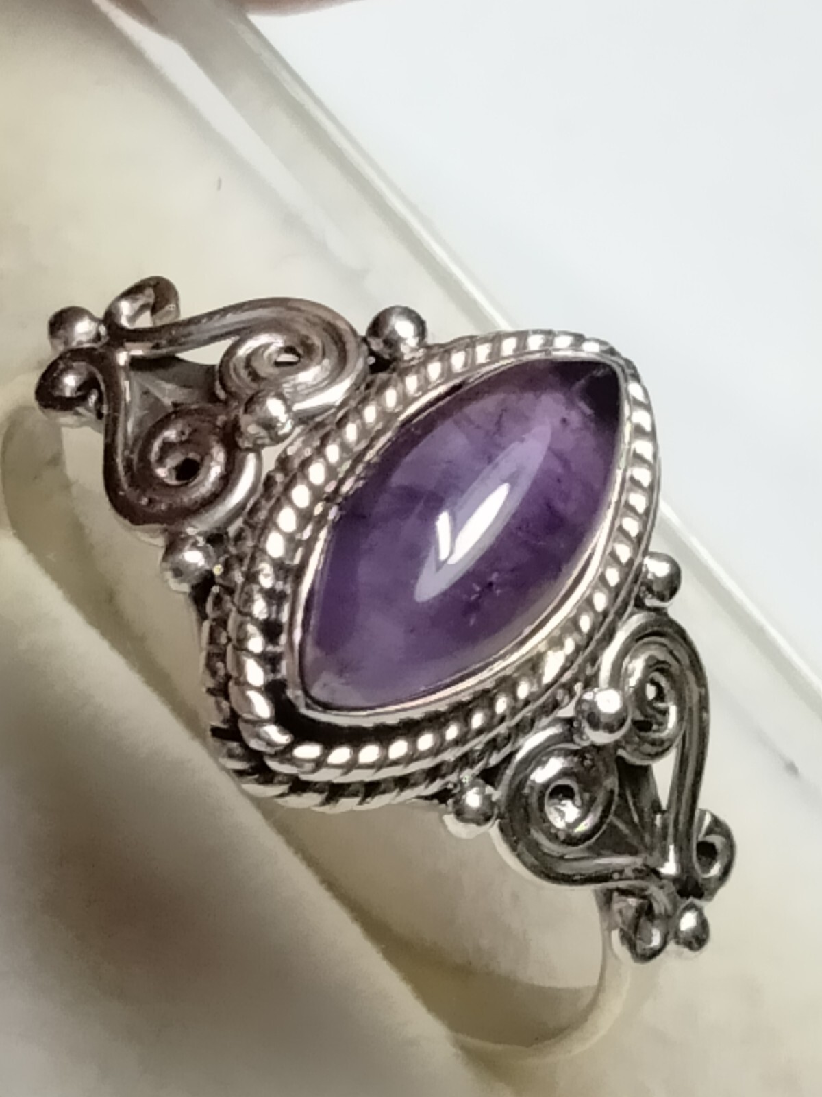 NATURAL AMETHYST IN TRENDY FILIGREE&HALO SET STL. SILVER.925 RING SIZE 9.0-9.25!