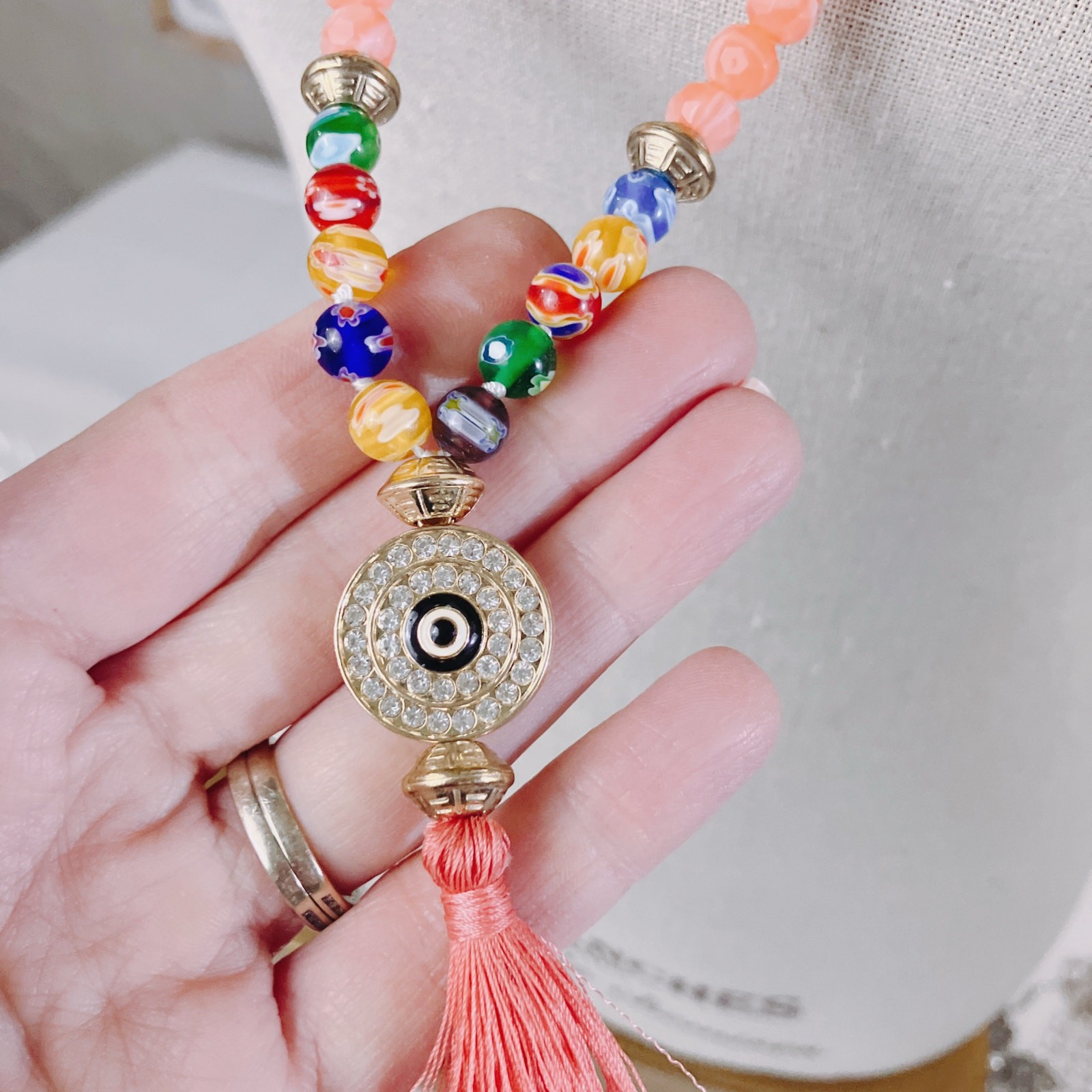 Boho Long Necklace Evil Eye Tassel Wood Coral Color Acrylic Bead Colorful 32–36″