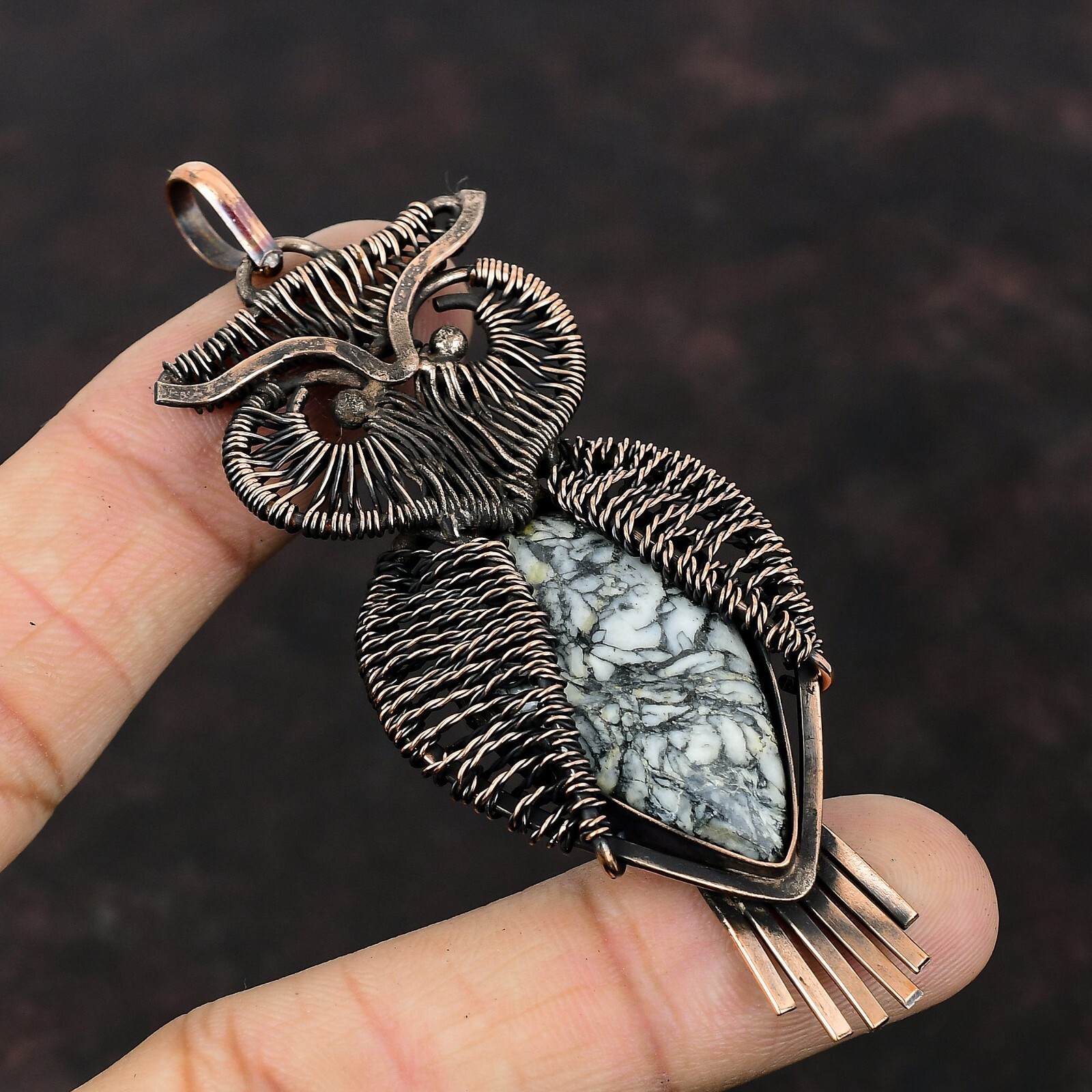 Pinolith Jasper Copper Gift For Bridesmaid Wire Wrapped Owl Pendant 3.35″