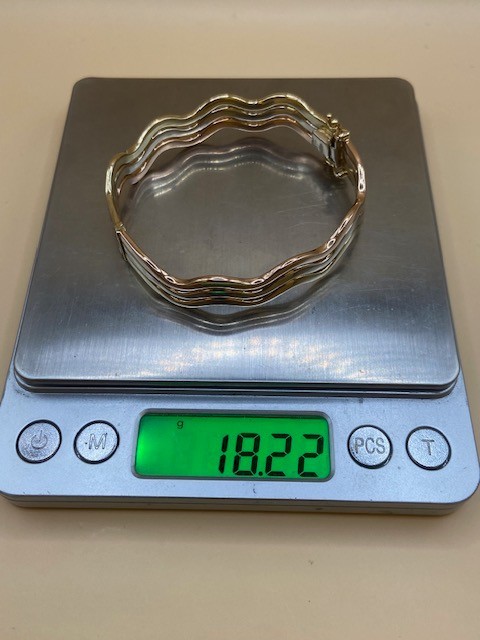 9ct Yellow, Rose And White Gold Triple Wave Bangle-Pre Owned