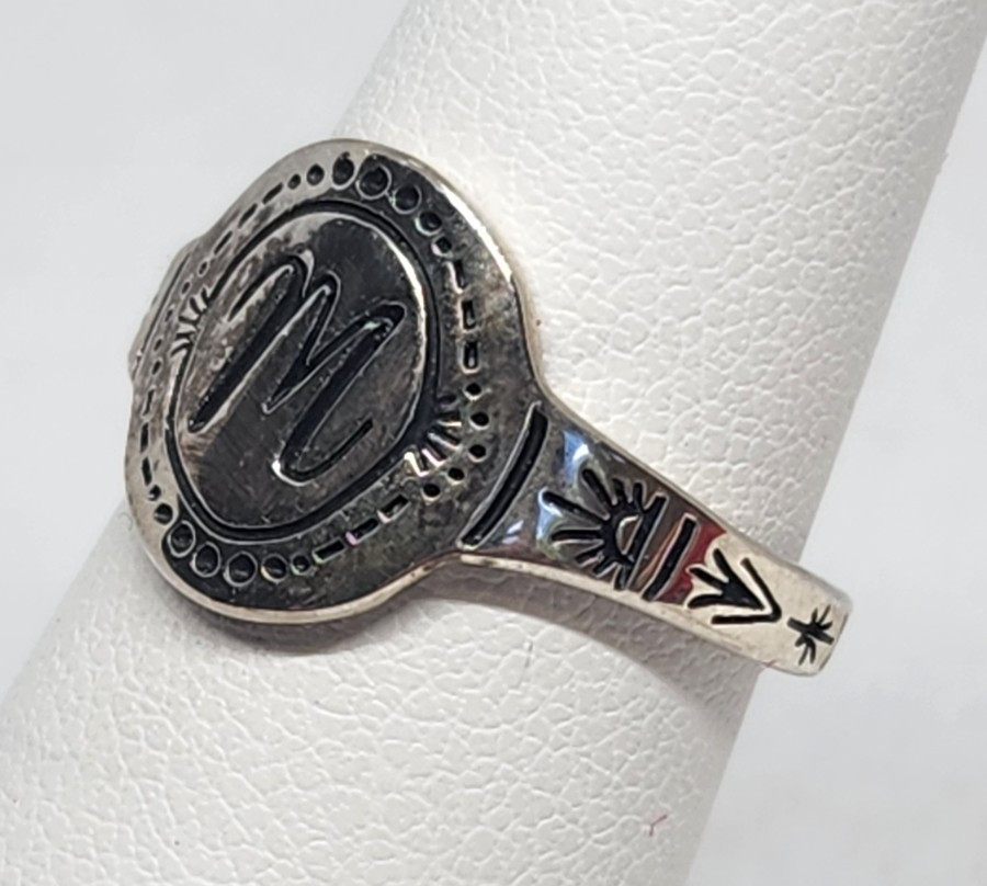 Beautiful Sterling Silver Rain + Bow “M” Initial Ring – Size 5