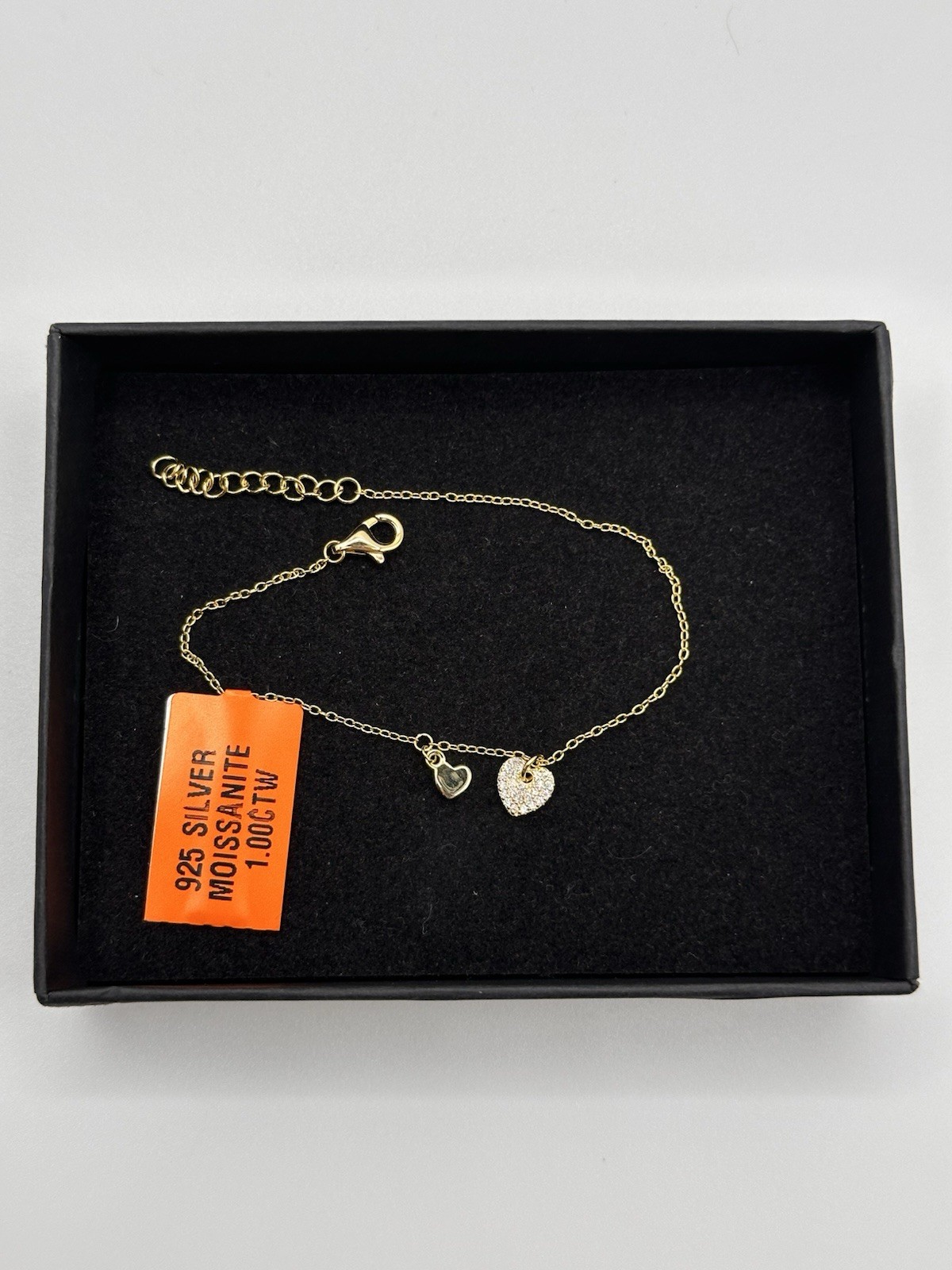 18K gold-plated 925 silver 1ct moissanite heart/pavé bracelet NEW 6.5-7.5”