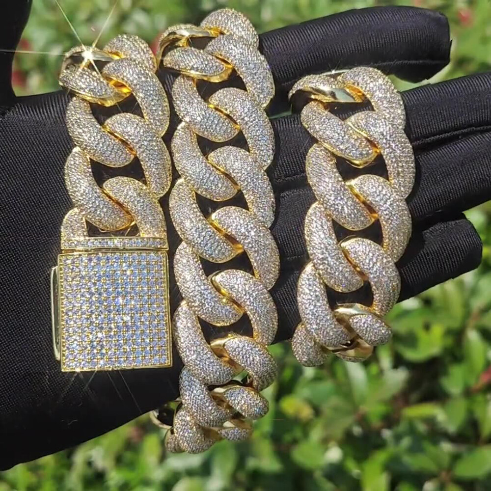 25mm Hip Hop Bubble Cuban Link Chain White CZ Stone 18K Real Gold Plated Jewelry